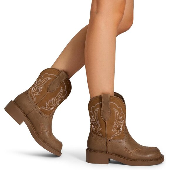 Women's Cowgirl Boots Round Toe Embroidered Mid Calf Western Boots Concert Tan - Picture 6 of 7